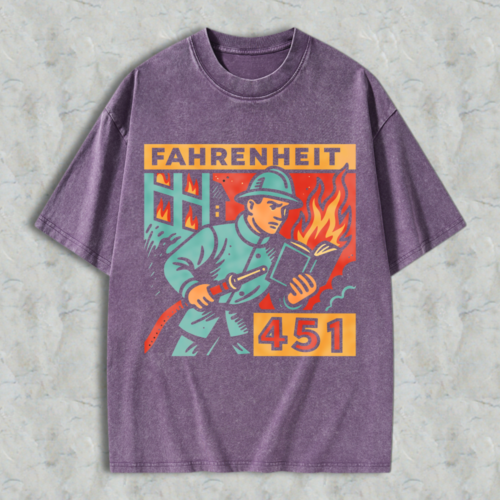 Wardrobecart Fahrenheit 451 Firefighter Holding Book With Flames Pattern Unisex Washed T-shirt