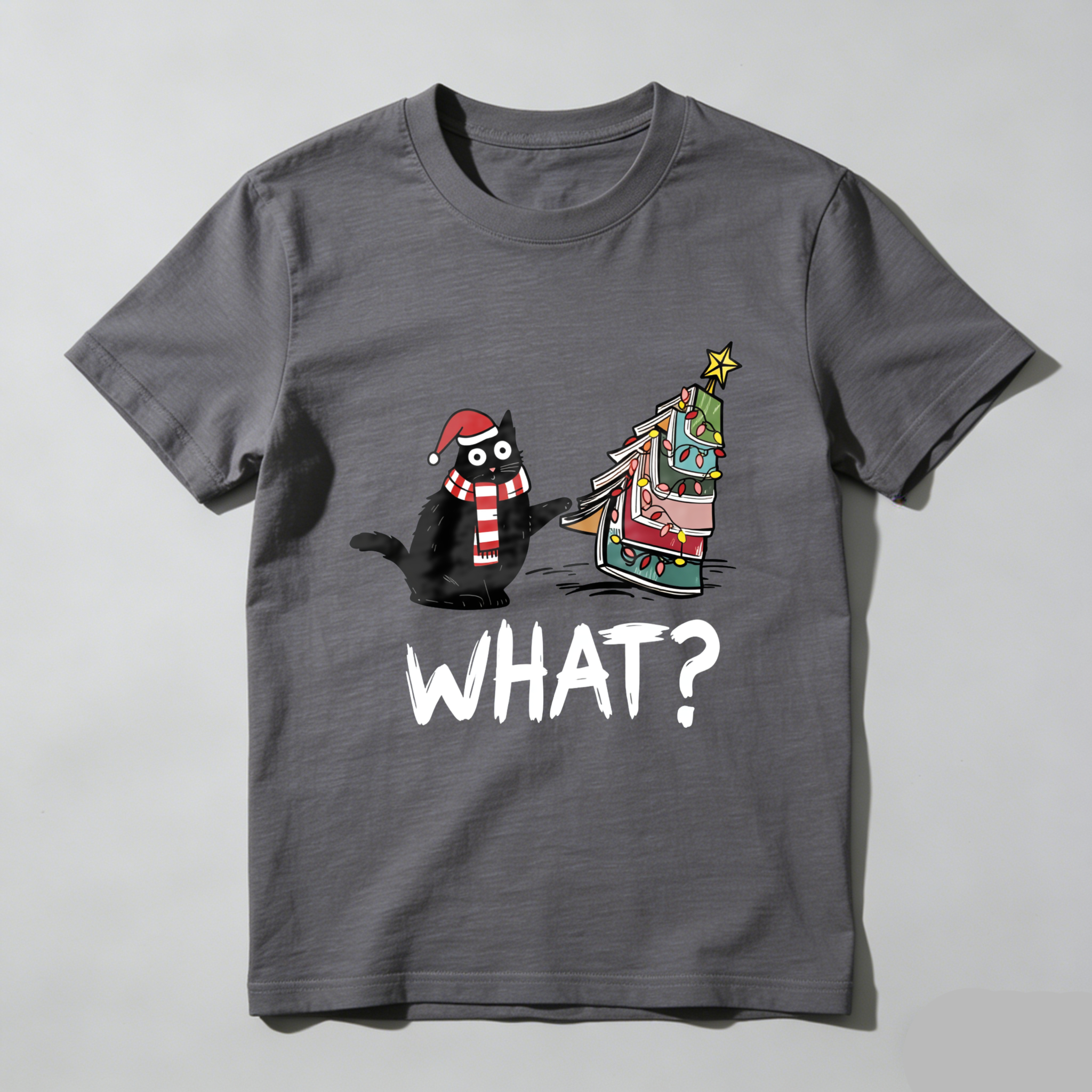 Wardrobecart Cat Wearing Santa Hat And Scarf   Christmas Tree Made Of Books   What Question Mark Below Tshirt