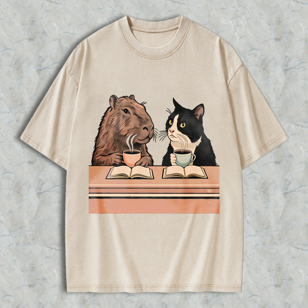 Wardrobecart Capybara And Cat Reading Books With Tea Unisex Washed T-shirt