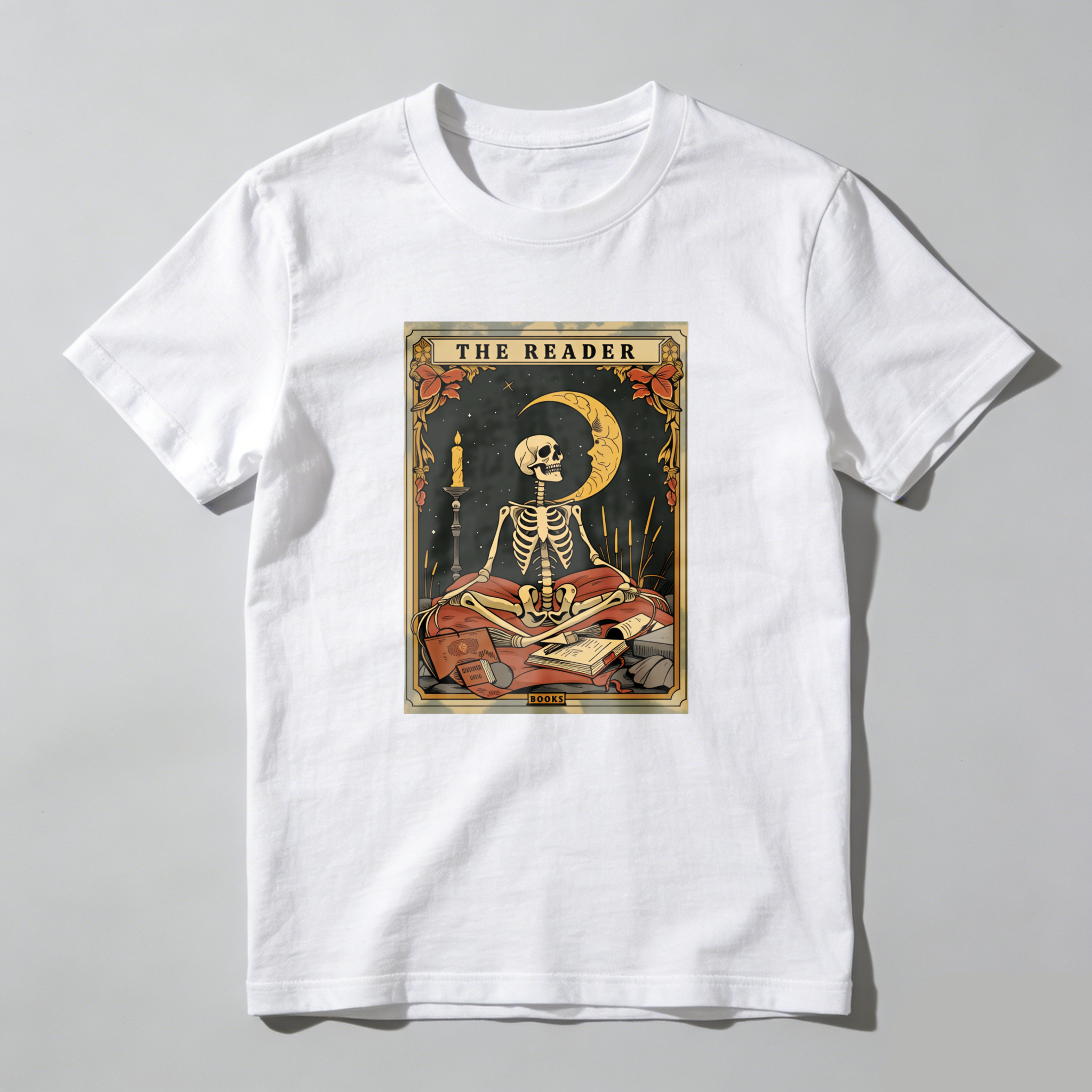 Wardrobecart The Reader Skeleton Tarot Card Design tshirt