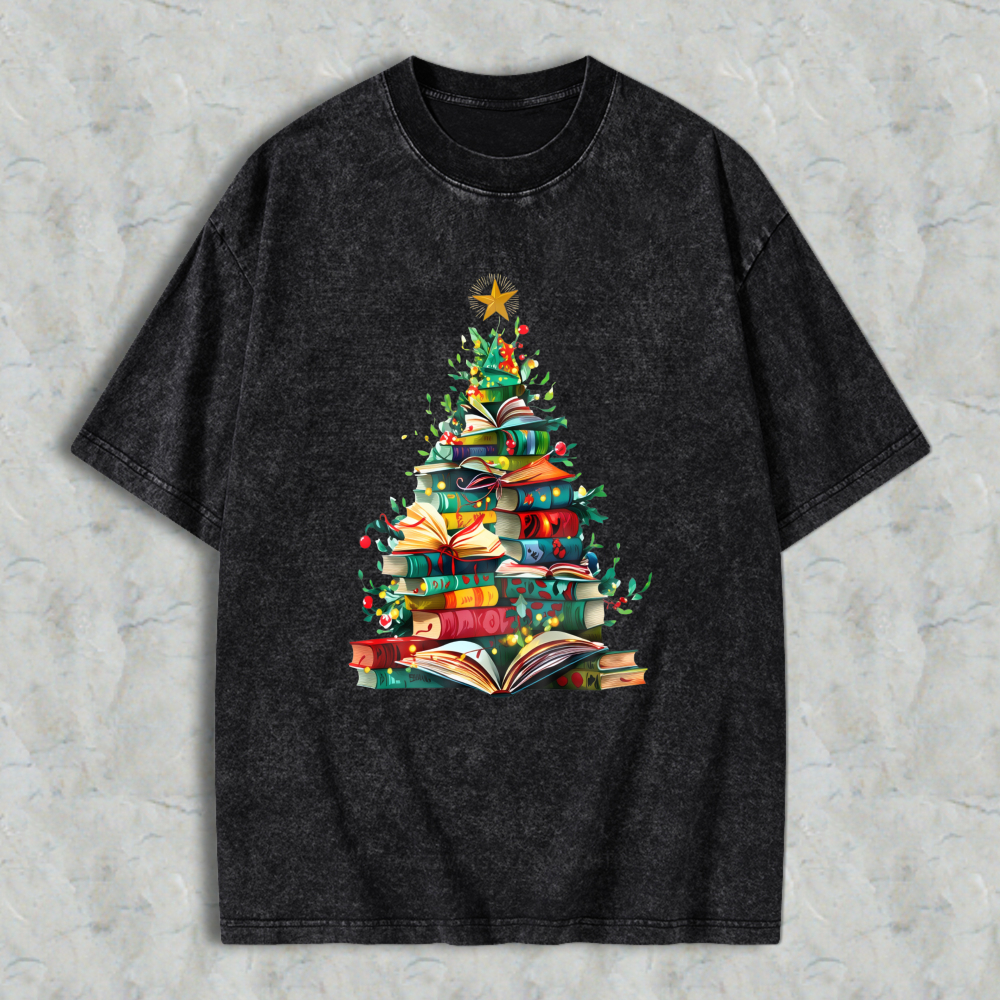 Wardrobecart Christmas Tree Made Of Books Unisex Washed T-shirt
