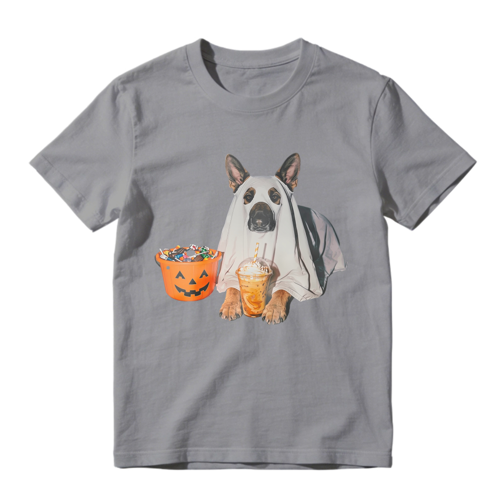 Halloween Dog In Ghost Costume With Pumpkin Candy Bucket And Drink, Unisex Classic T-shirt