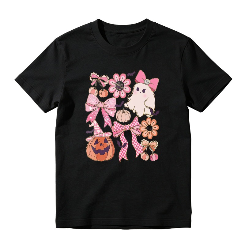 Cute Halloween Ghost Pumpkin And Pink Bow Floral Pattern, Unisex Classic T-shirt