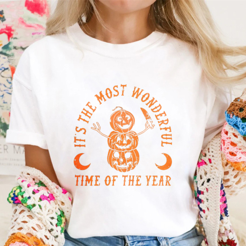 Stacked Pumpkin Jack O Lantern With Knife And Text Its The Most Wonderful Time Of The Year Halloween Graphic T-shirt