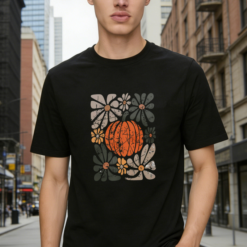 Vintage Retro Pumpkin And Flowers Autumn Harvest Graphic Unisex Classic T-shirt