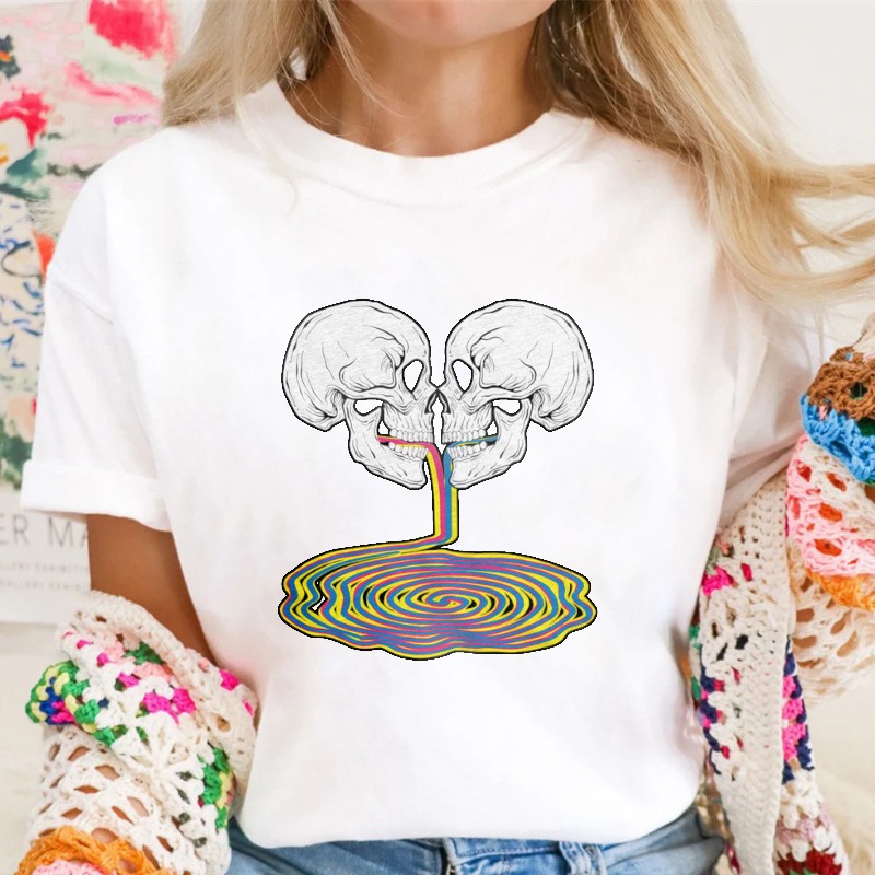 Two Skulls Kissing With Rainbow Vomit Psychedelic Spiral Graphic T-shirt