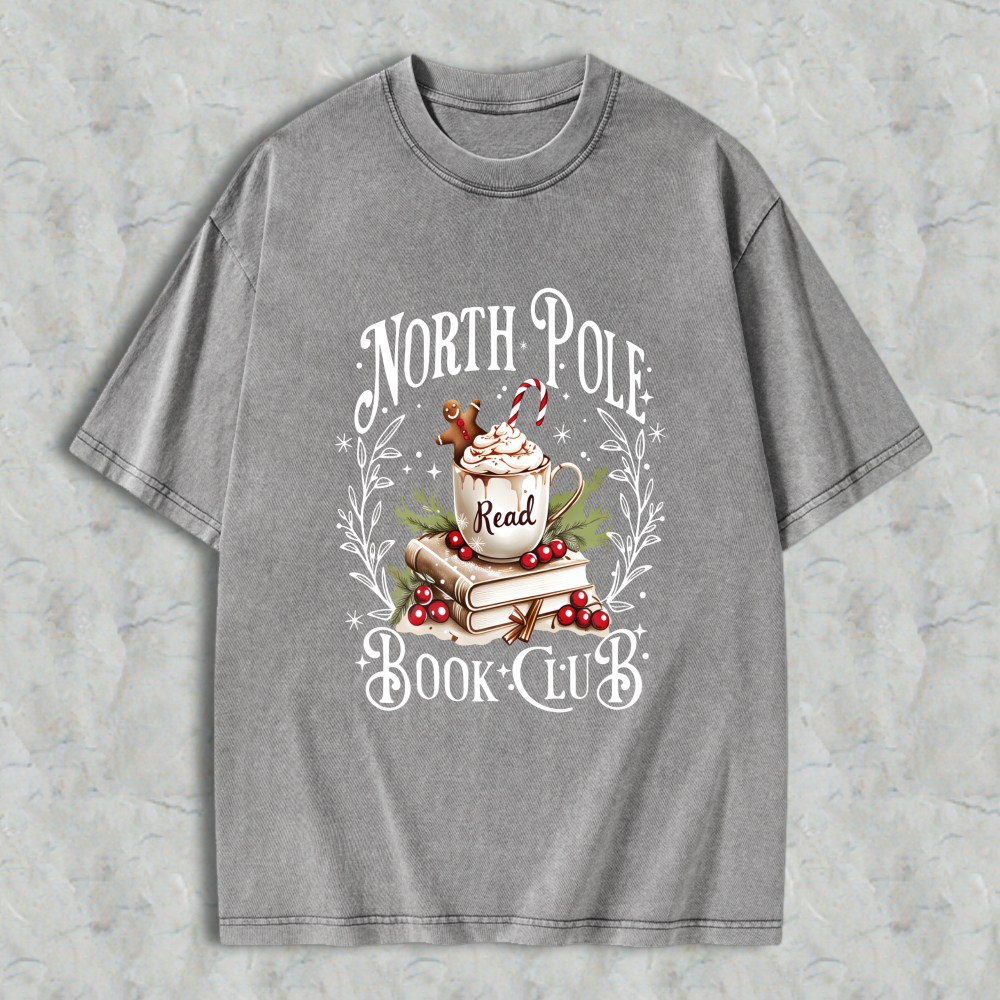 Wardrobecart North Pole Book Club Christmas Reading Theme With Mug Books And Holly Unisex Washed T-shirt