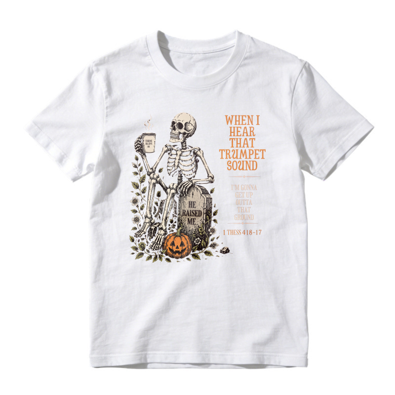 Skeleton Sitting On Tombstone With Coffee Cup And Pumpkin Halloween Humor Unisex Classic T Shirt