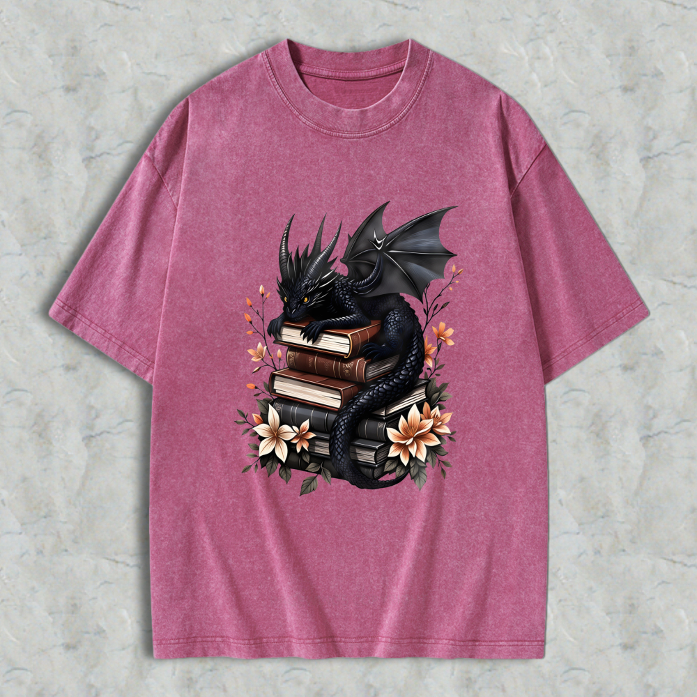 Wardrobecart Dragon With Books And Flowers Unisex Washed T-shirt