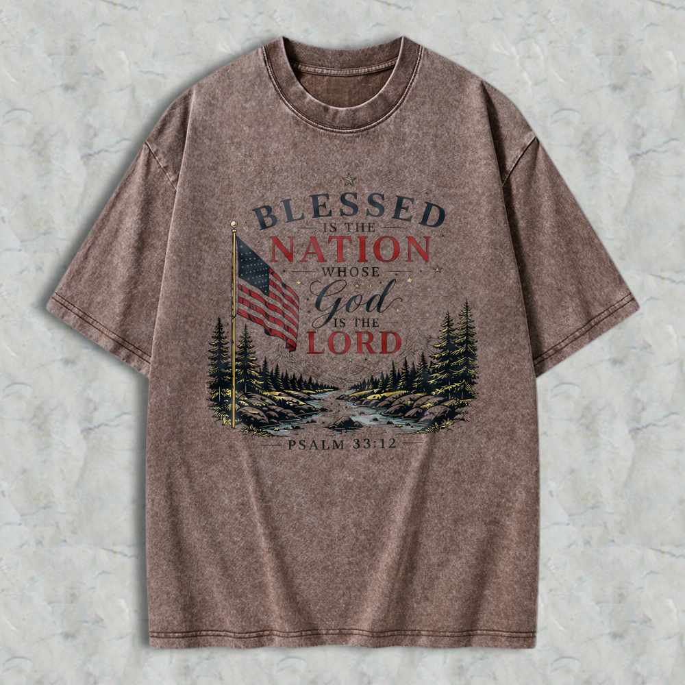 Blessed Is The Nation Whose God Is The Lord Psalm 3312 American Flag Mountain Landscape Washed T-shirt