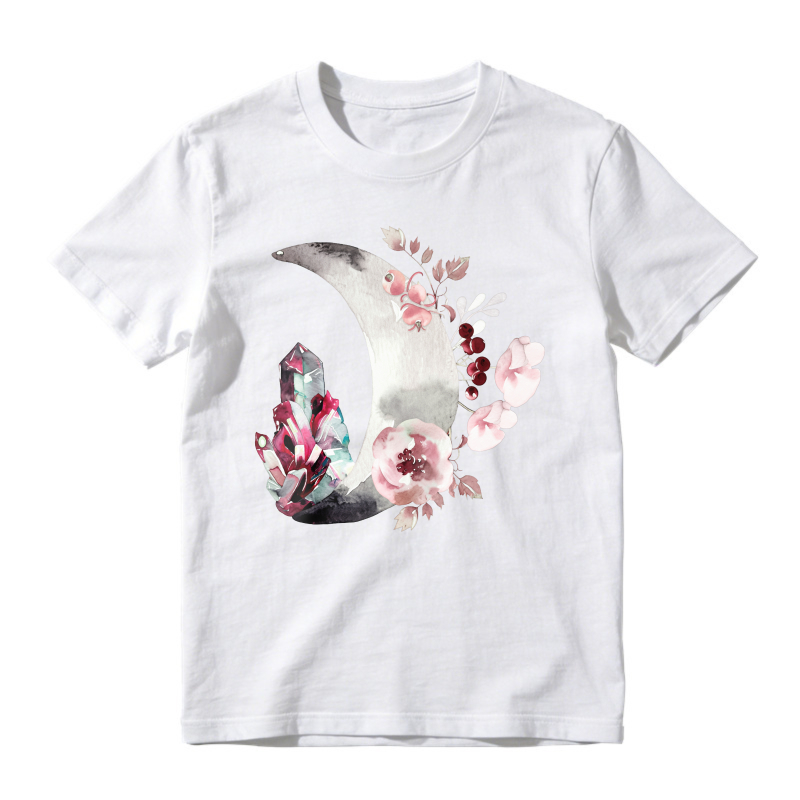 Crescent Moon With Pink Flowers And Crystals Graphic, Unisex Classic T-shirt