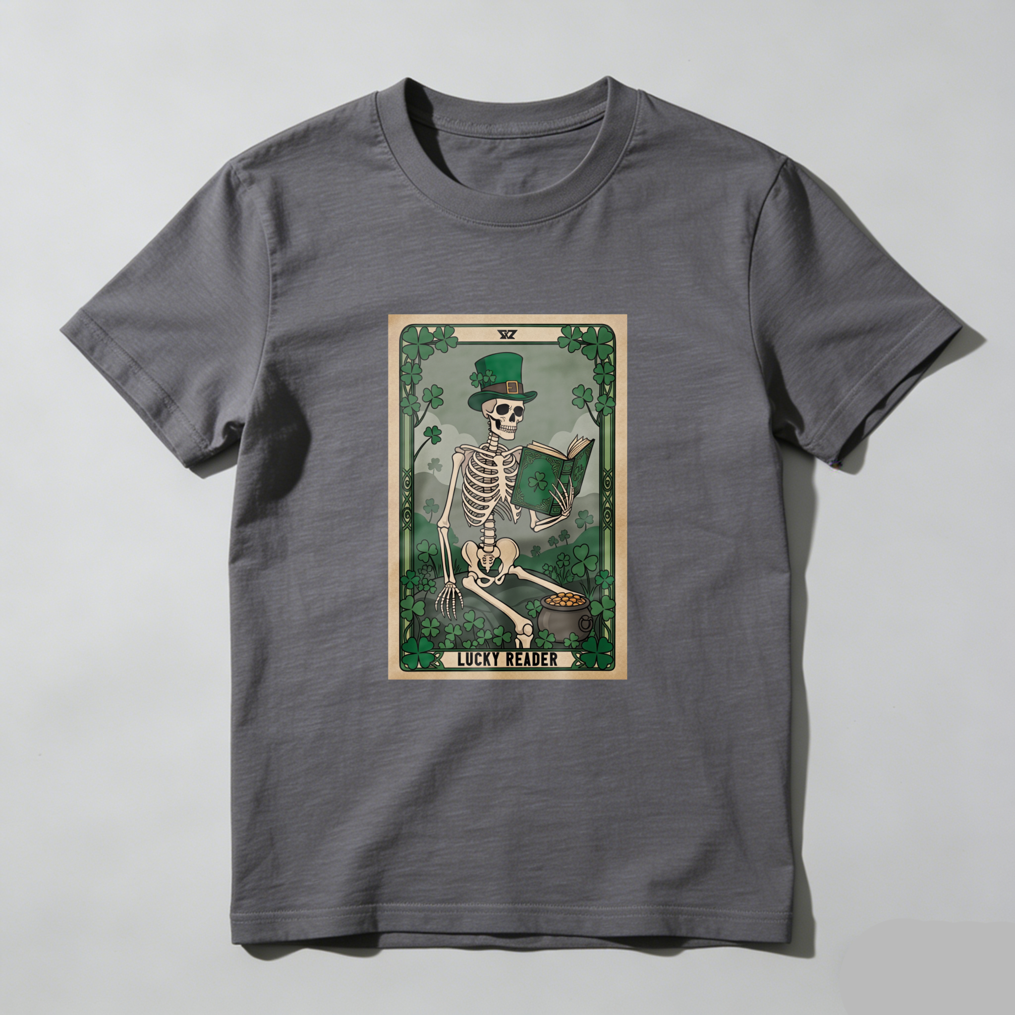 Wardrobecart Skeleton Reading Book In Forest Scene tshirt
