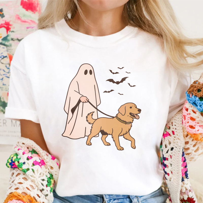 Ghost Walking Dog And Bats Halloween Cartoon, Unisex Classic T-shirt