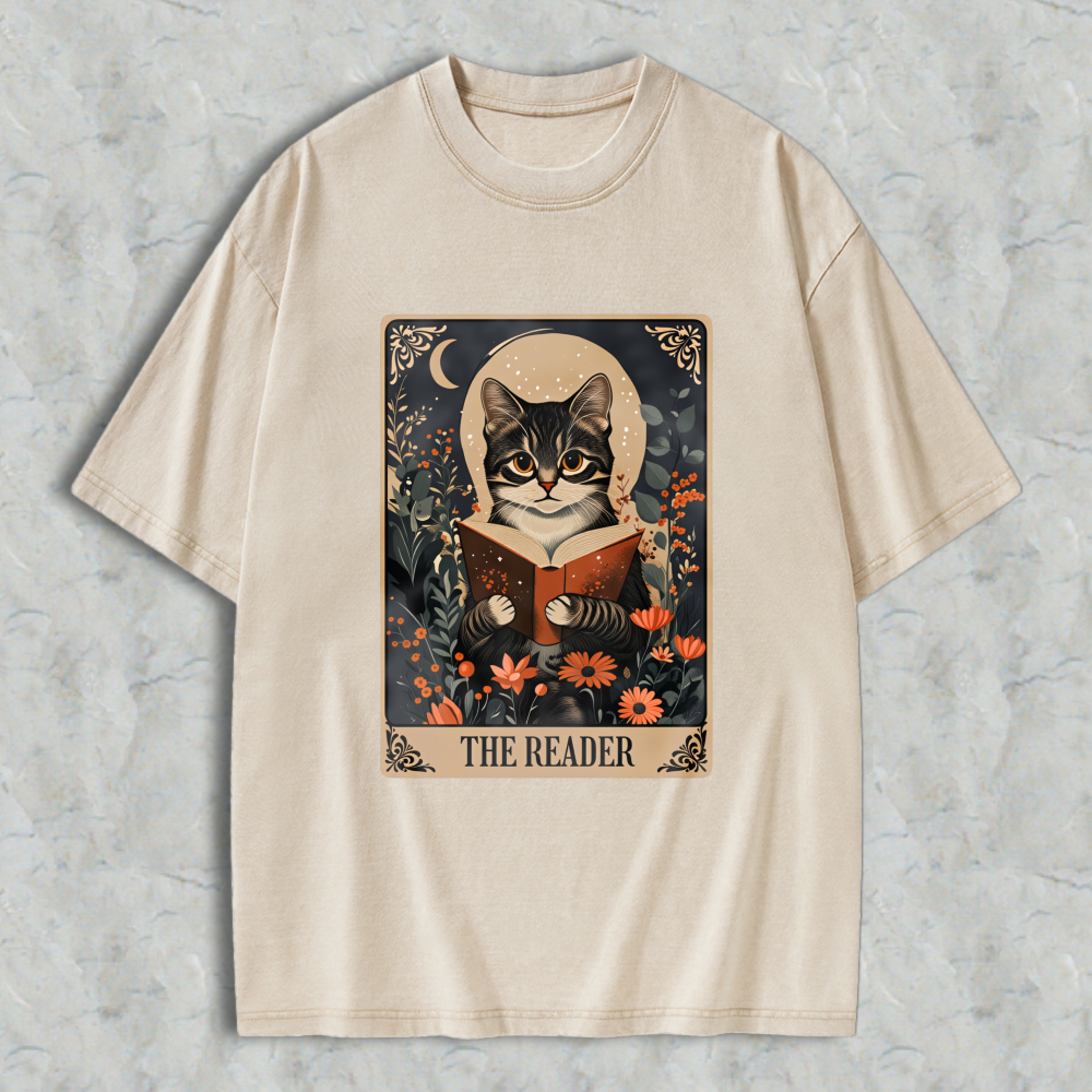 Wardrobecart Cat Reading Book With Floral Background And Moon The Reader Unisex Washed T-shirt