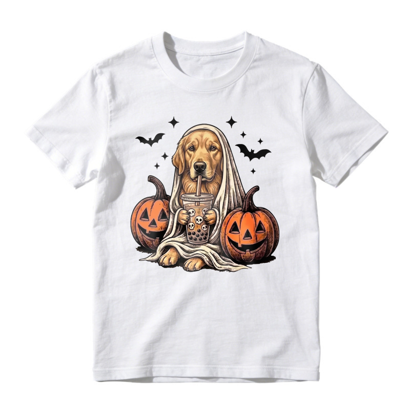 Golden Retriever Ghost Costume With Boba Tea And Pumpkins Halloween Design, Unisex Classic T-shirt