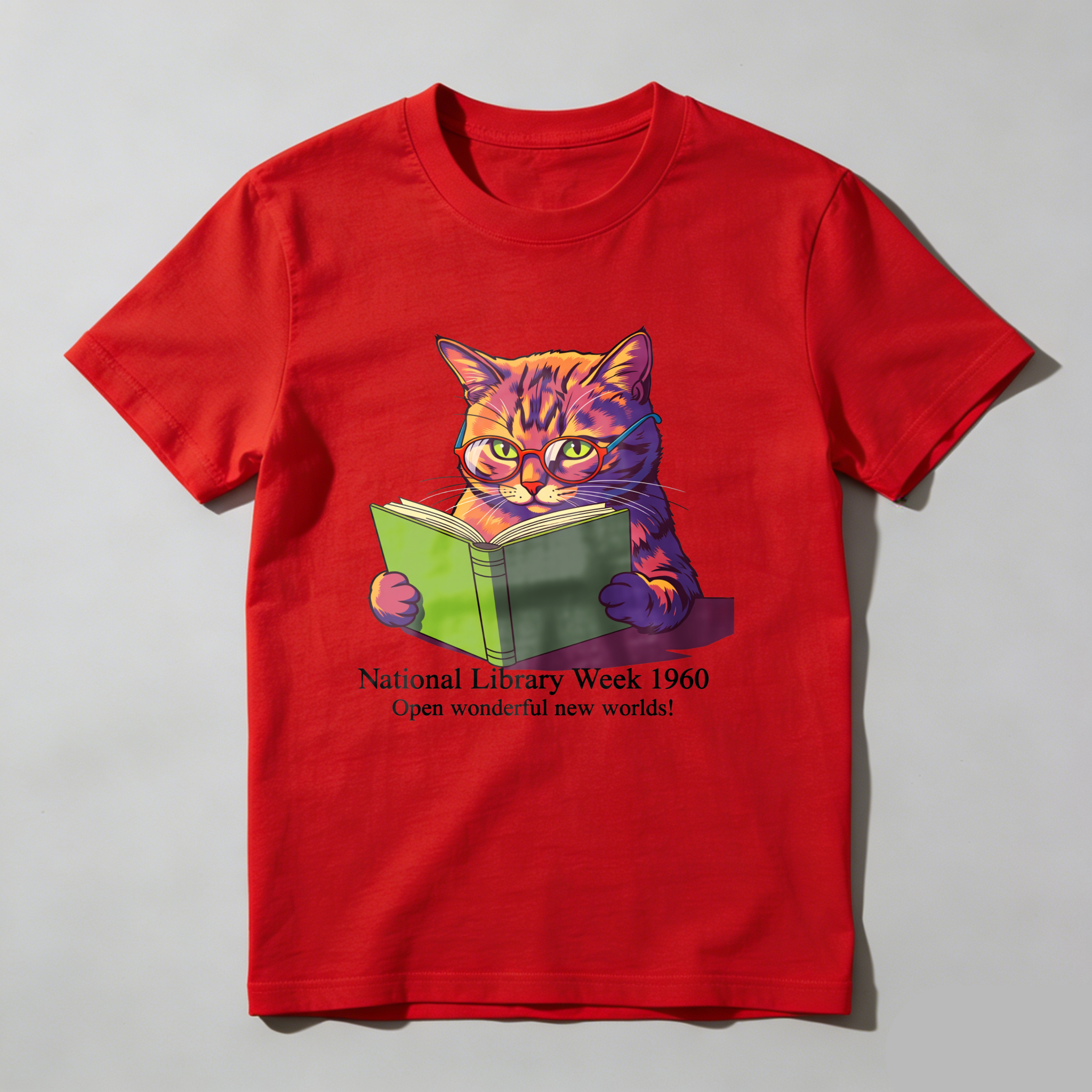 Wardrobecart Cat Reading Book National Library Week 1960 Tshirt 100% cotton