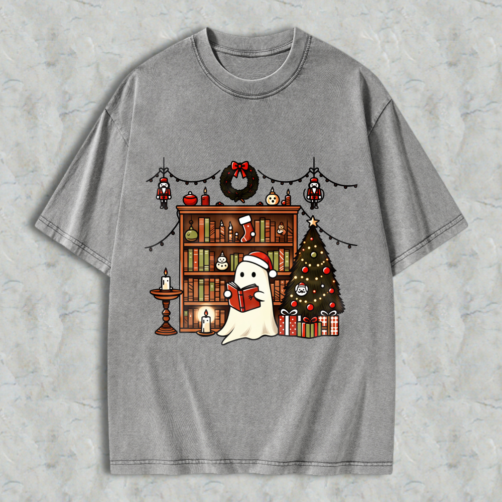 Wardrobecart Ghost Reading Book Christmas Tree Bookshelf Decor Unisex Washed T-shirt