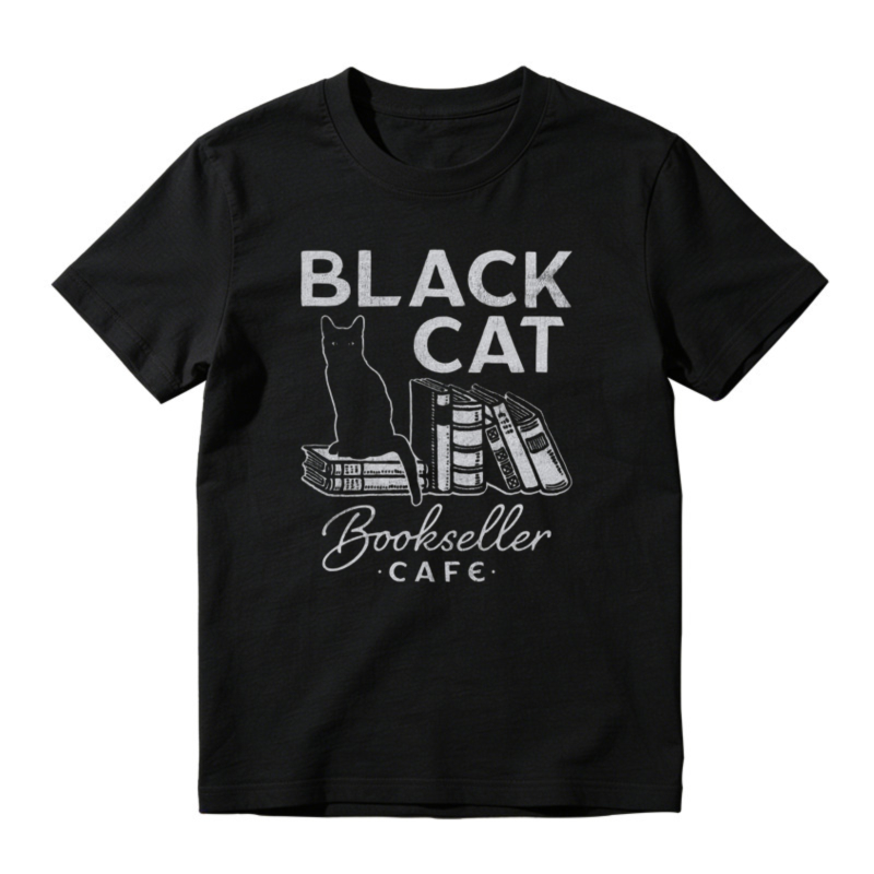 Black Cat Bookseller Cafe Silhouette With Stacked Books Vintage Literary Design T-shirt