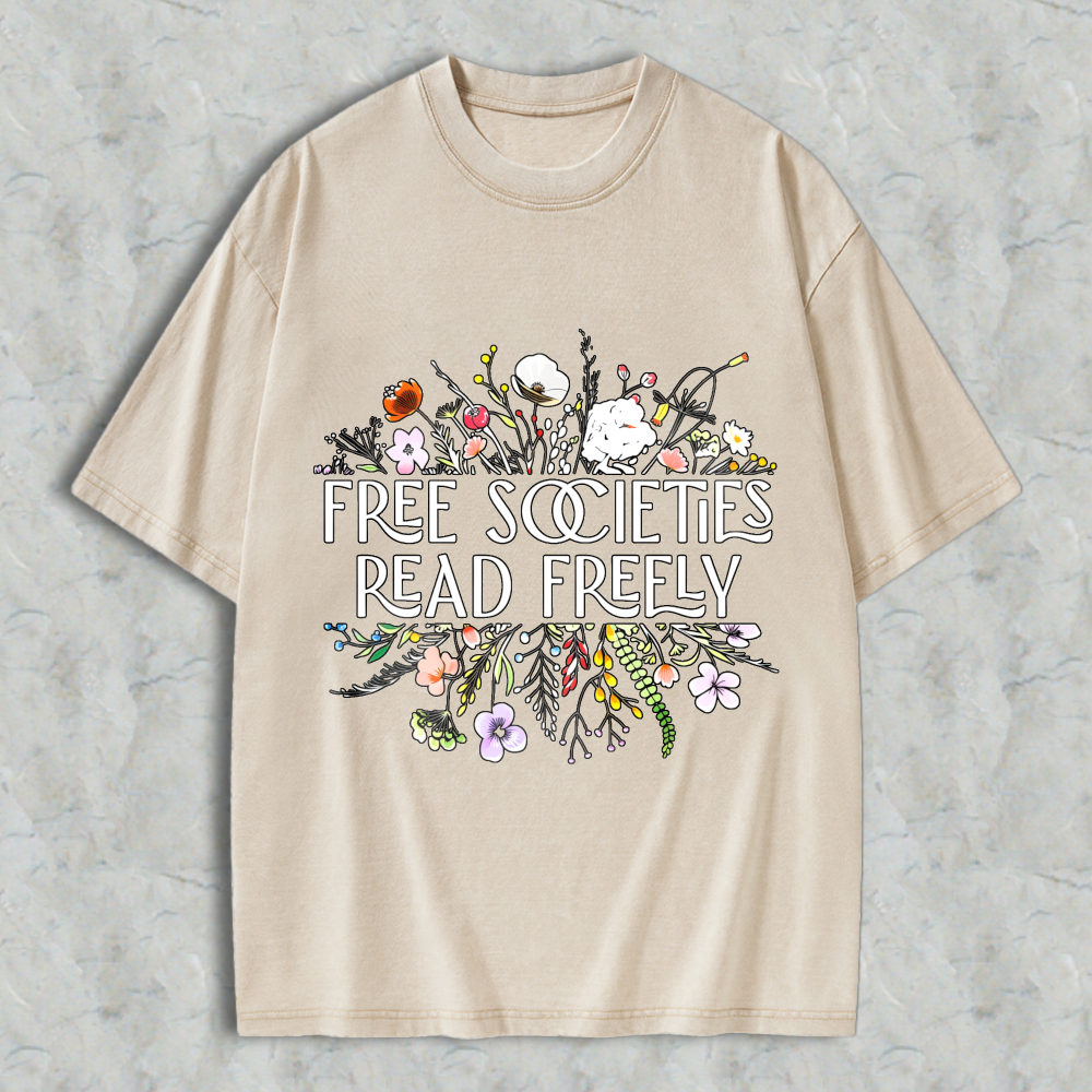 Wardrobecart Free Societies Read Freely Floral Design Unisex Washed T-shirt