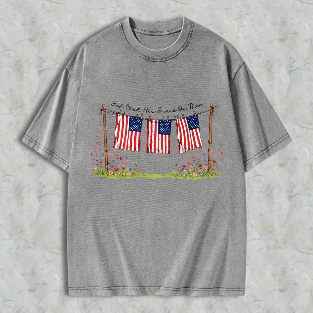 American Flag On Clothesline With Flowers And Text Washed T-shirt