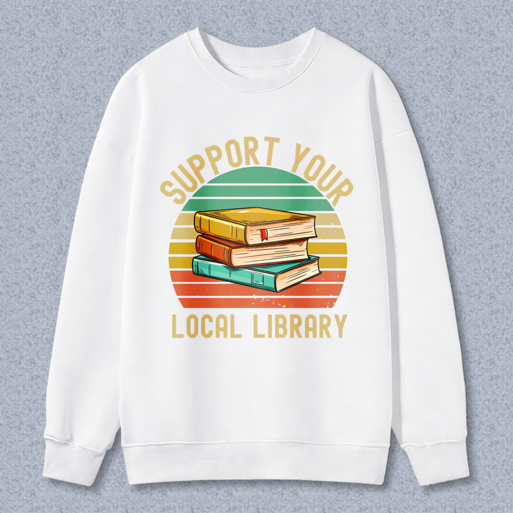 Wardrobecart Support Your Local Library Books Stack Vintage Sunburst Design Unisex Classic Sweatshirt