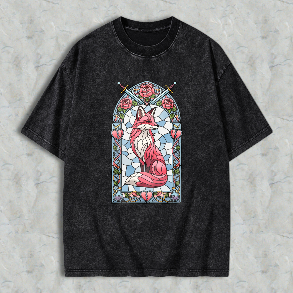 Wardrobecart Stained Glass Fox With Roses And Swords Unisex Washed T-shirt