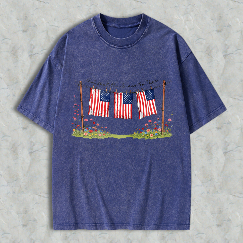 American Flag On Clothesline With Flowers And Text Washed T-shirt