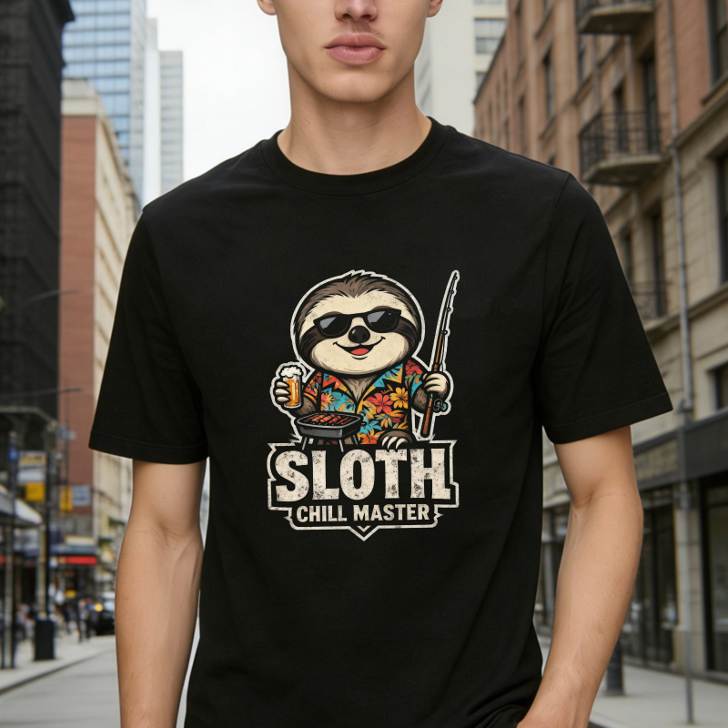 Sloth Chill Master Funny Cartoon Sloth Wearing Sunglasses And Hawaiian Shirt Holding Fishing Rod And Beer Unisex Classic T-shirt