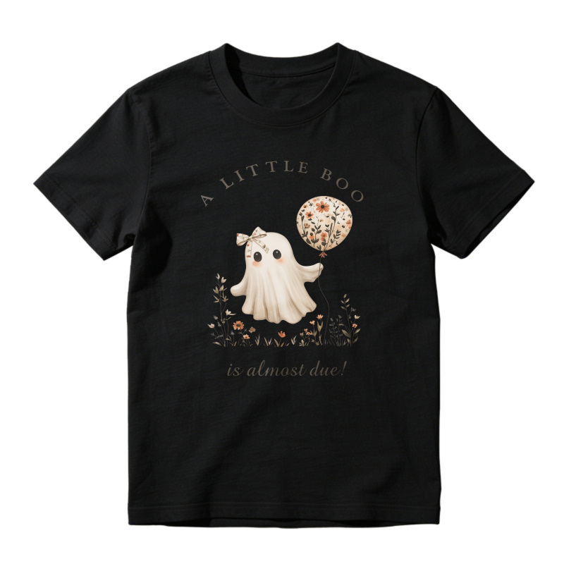 Cute Ghost Holding Floral Balloon A Little Boo Is Almost Due Halloween Pregnancy Announcement Unisex Classic T-shirt