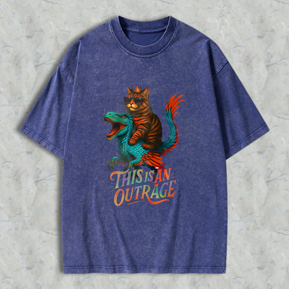 Wardrobecart Cat Riding Dragon This Is An Outrage Unisex Washed T-shirt
