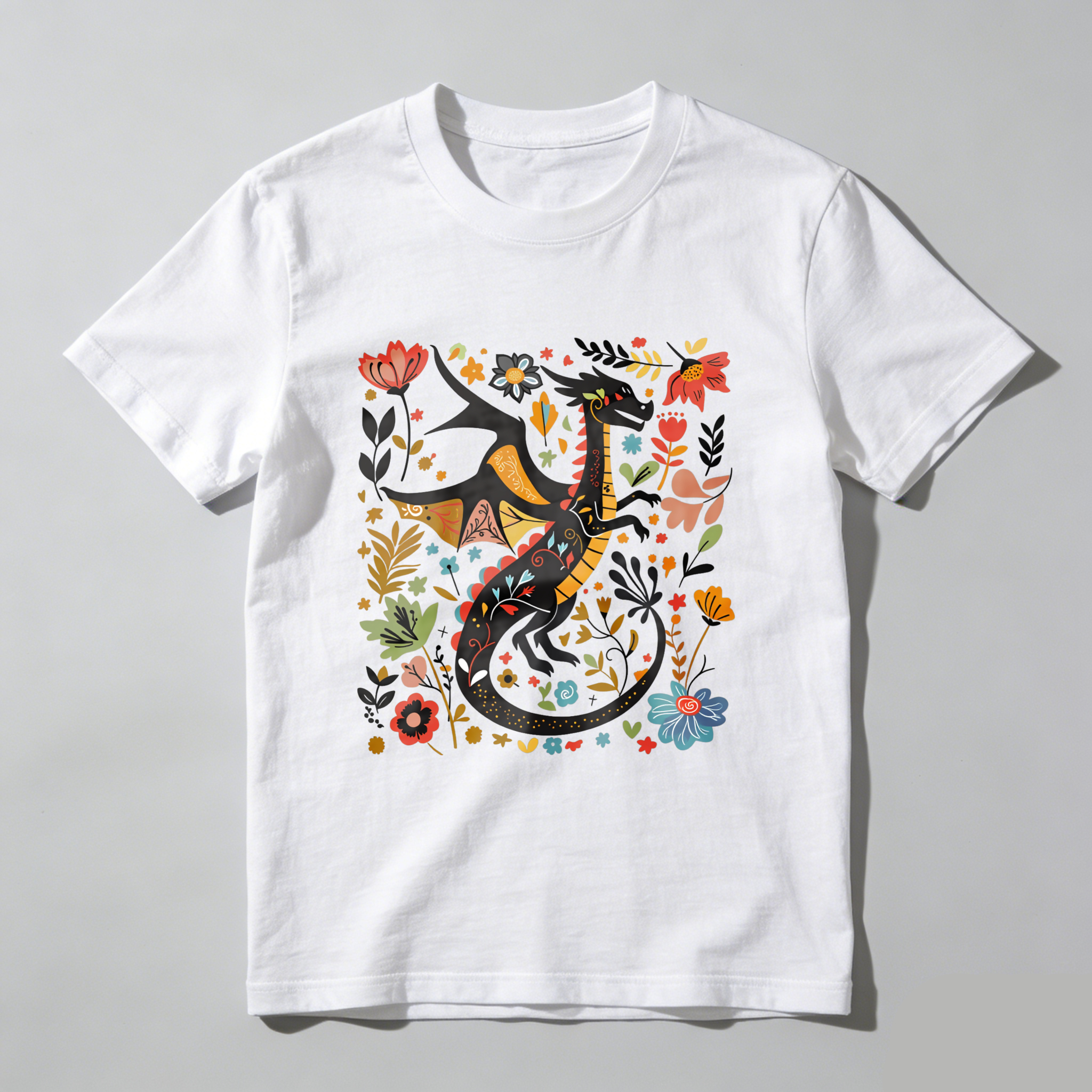Wardrobecart Colorful Dragon Floral Pattern Design Tshirt
