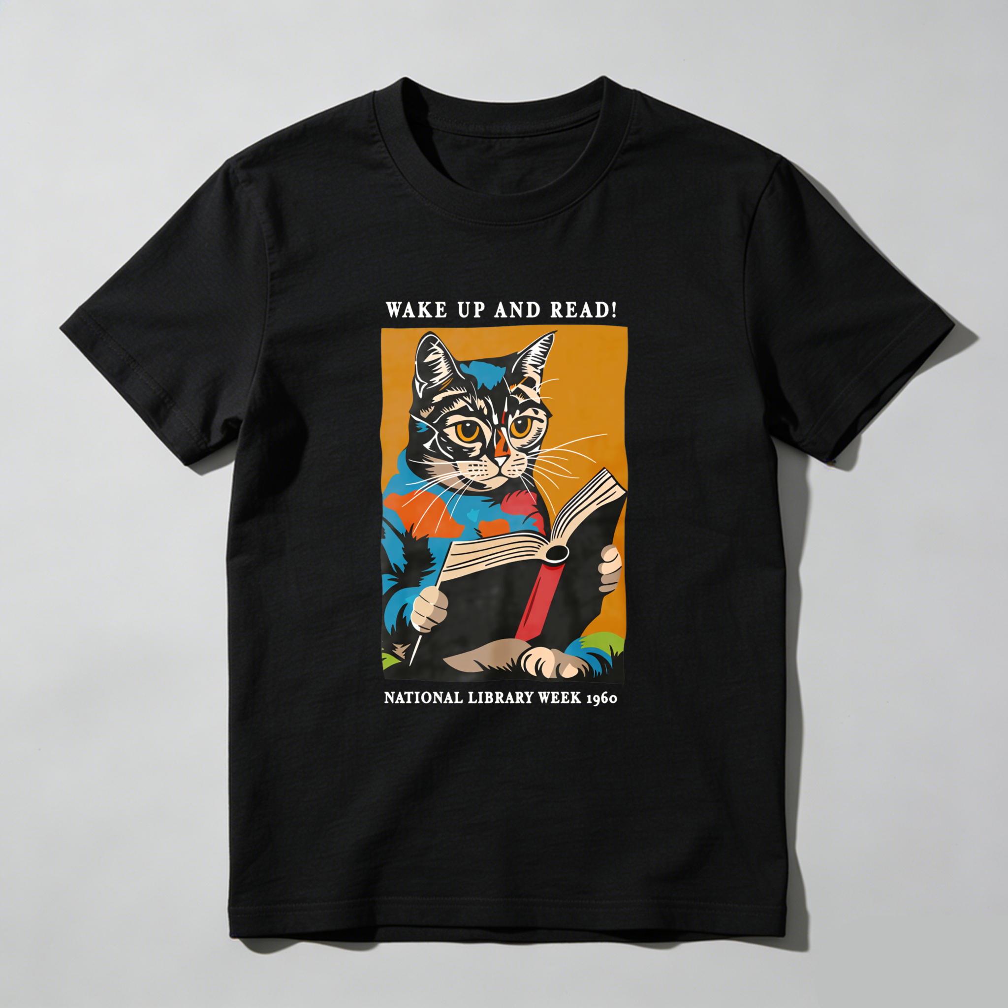 Wardrobecart Wake Up And Read Cat Reading Book Tshirt