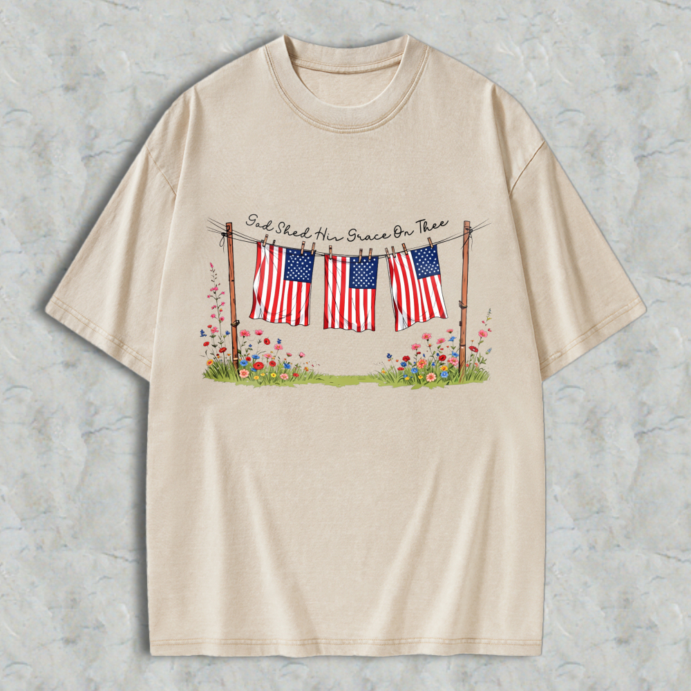 American Flag On Clothesline With Flowers And Text Washed T-shirt