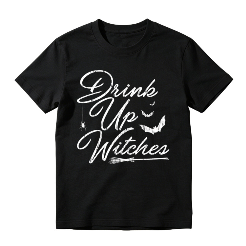 Drink Up Witches Halloween Bat Broomstick Graphic T-shirt