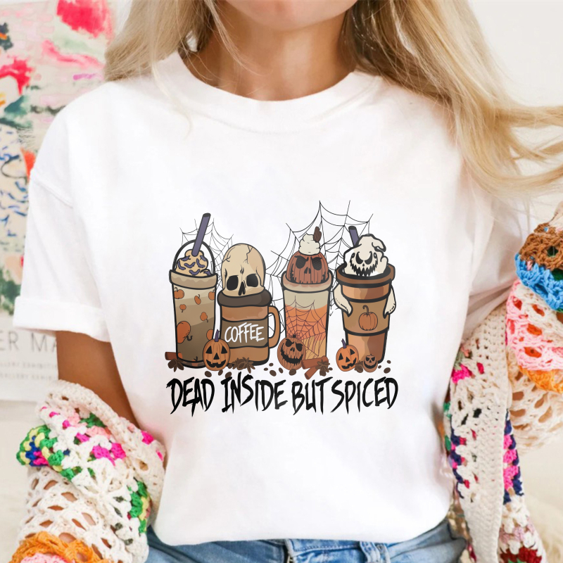 Dead Inside But Spiced Halloween Coffee Skull Pumpkin Spider Web Unisex Classic T-shirt