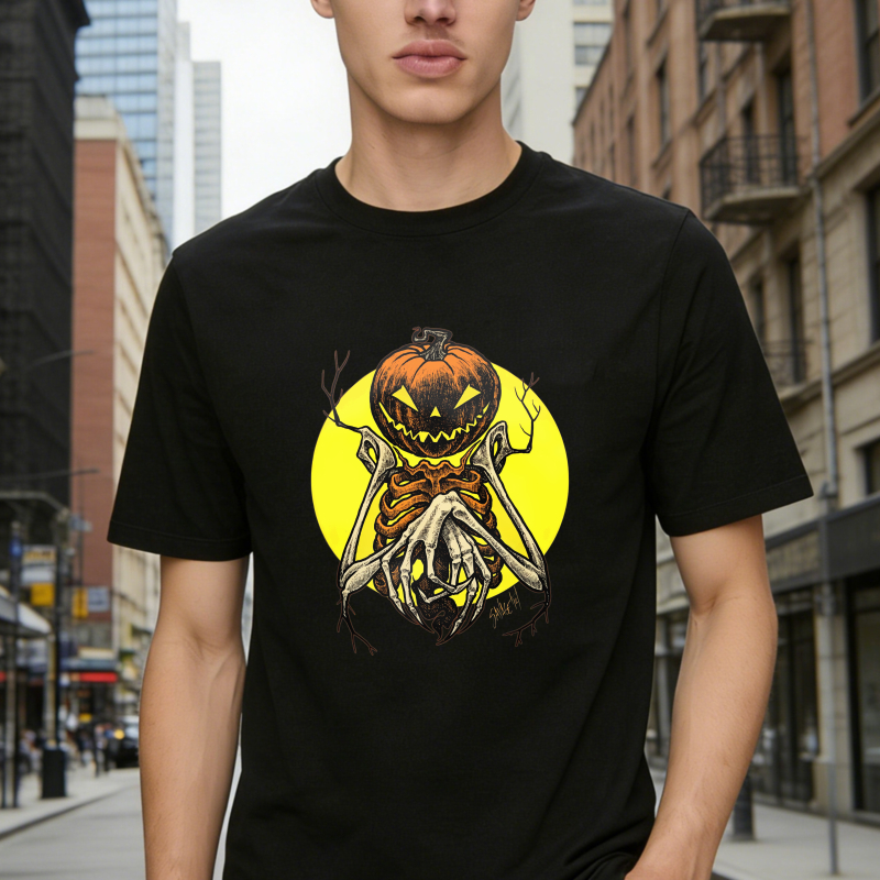 Scary Pumpkin Head Skeleton With Yellow Moon, Unisex Classic T-shirt
