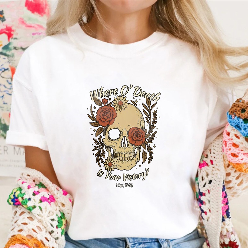 Skull With Roses And Where O Death Is Your Victory Bible Verse Unisex Classic T-shirt