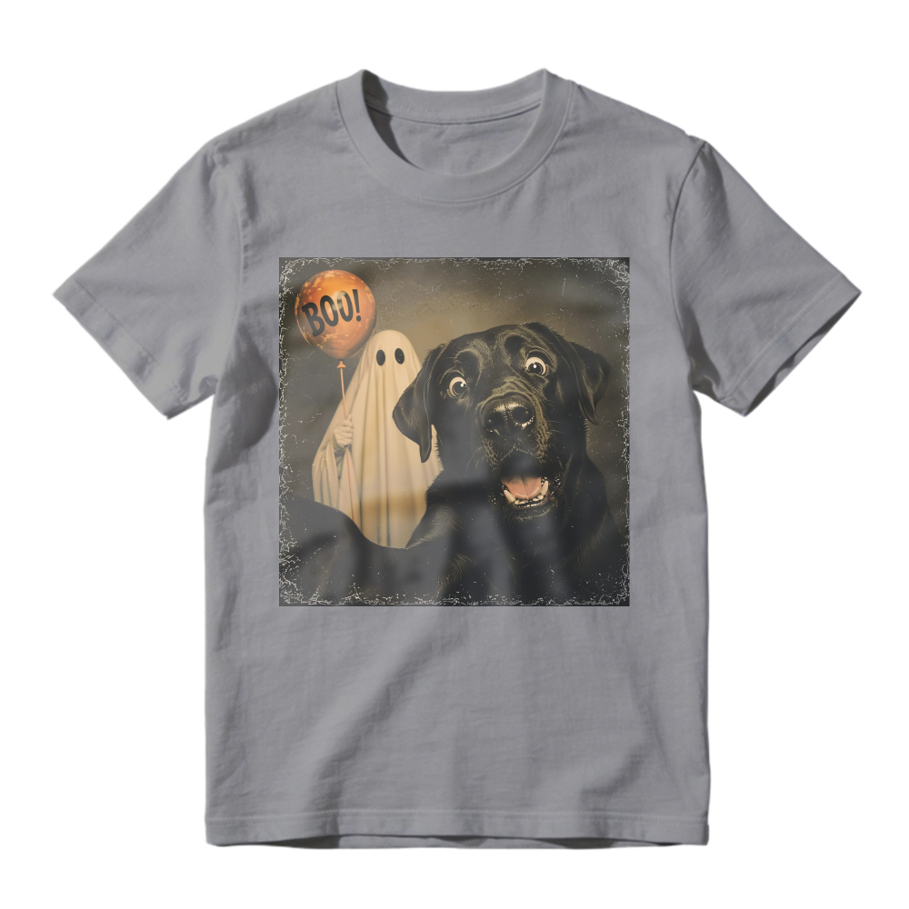 Halloween Black Lab Dog And Ghost With Boo Balloon Funny Scared Pet, Unisex Classic T-shirt
