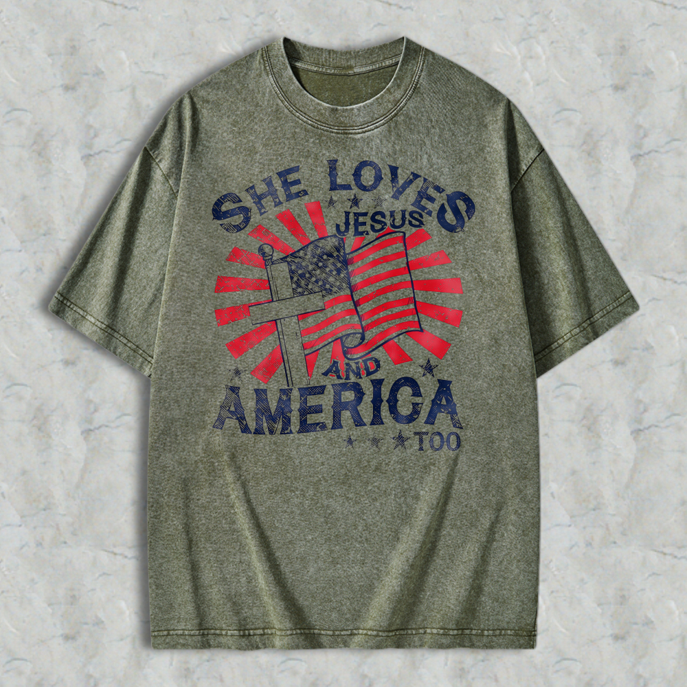She Loves Jesus And America Too Flag Cross Design Washed T-shirt