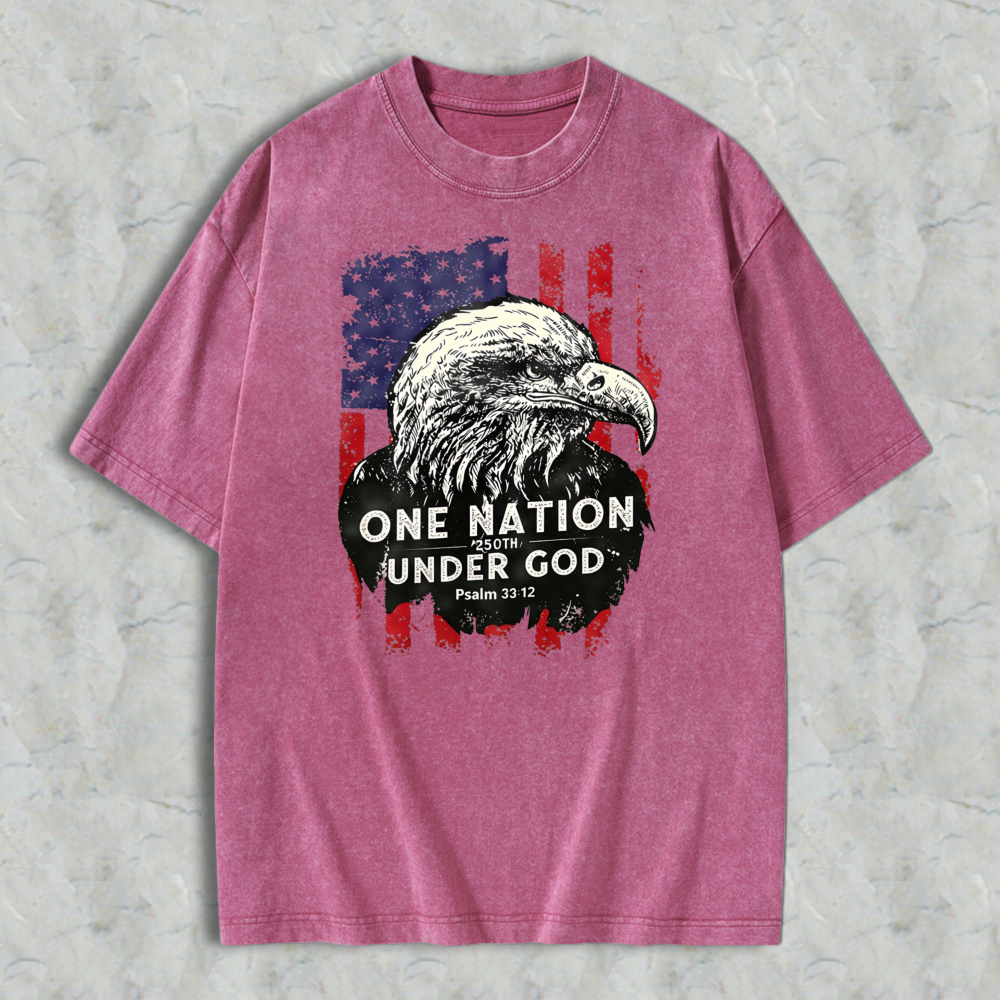 Eagle And American Flag With One Nation Under God Text Washed T-shirt