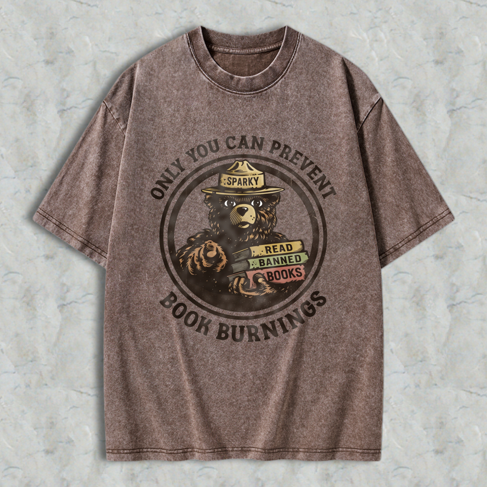 Wardrobecart Bear Reading Banned Books Sparky Ranger Hat Only You Can Prevent Book Burning Unisex Washed T-shirt