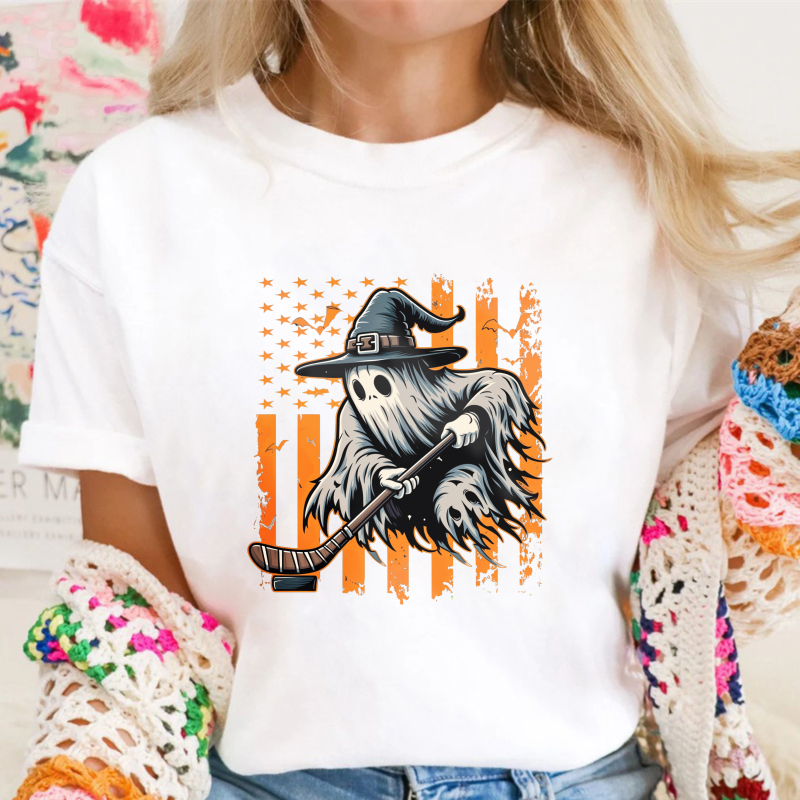 Halloween Ghost Witch Holding Broom American Flag Unisex Classic T-shirt
