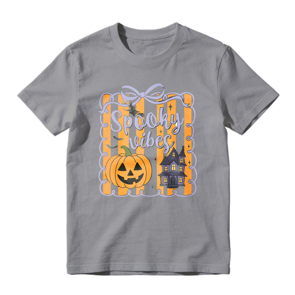 Spooky Vibes Pumpkin And Haunted House Halloween Graphic, Unisex Classic T-shirt
