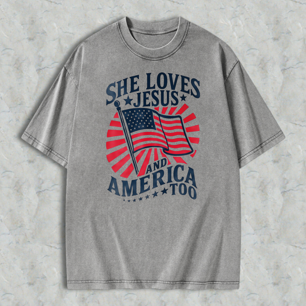 She Loves Jesus And America Too American Flag Design Washed T-shirt