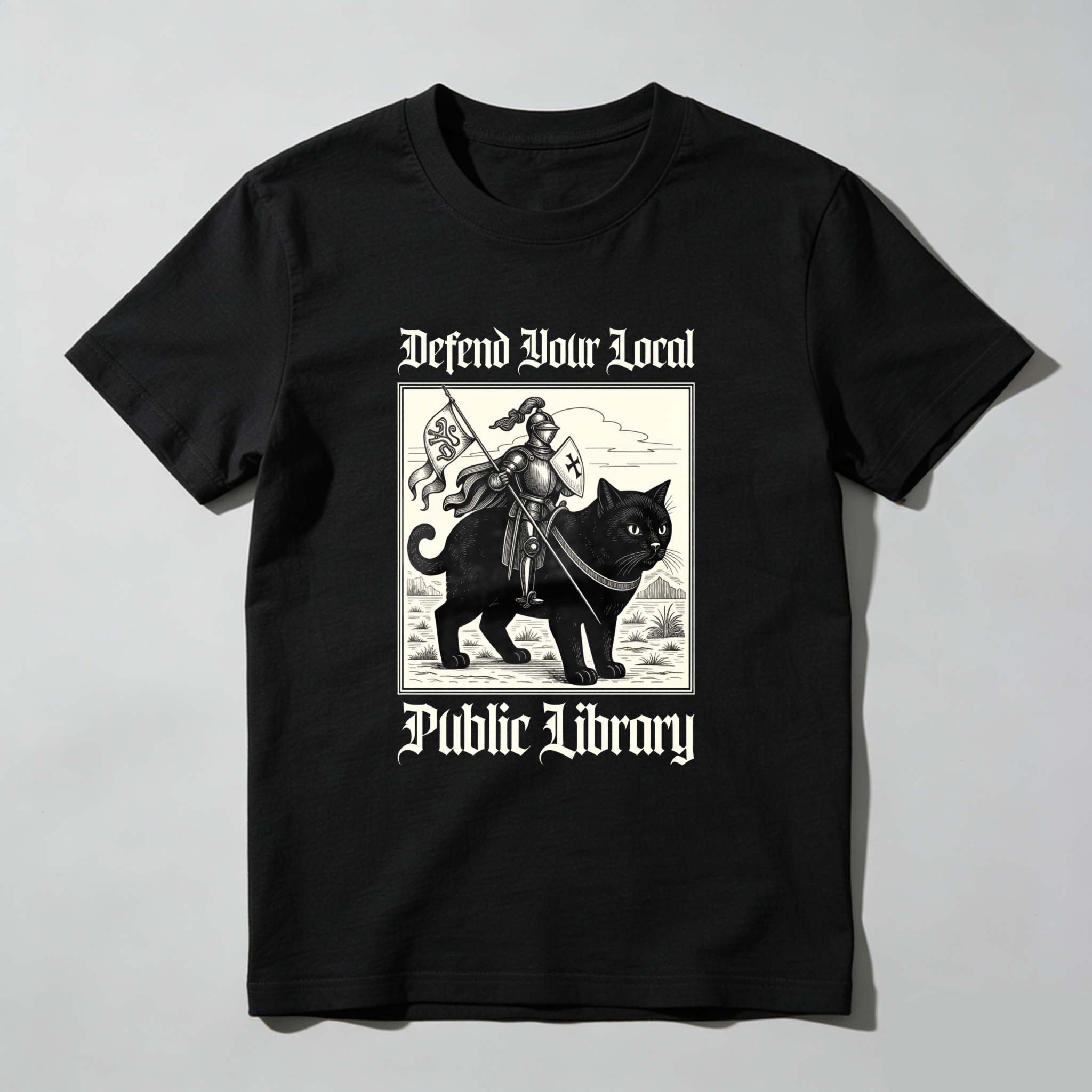 Wardrobecart Defend Your Local Public Library Cat Knight Tshirt