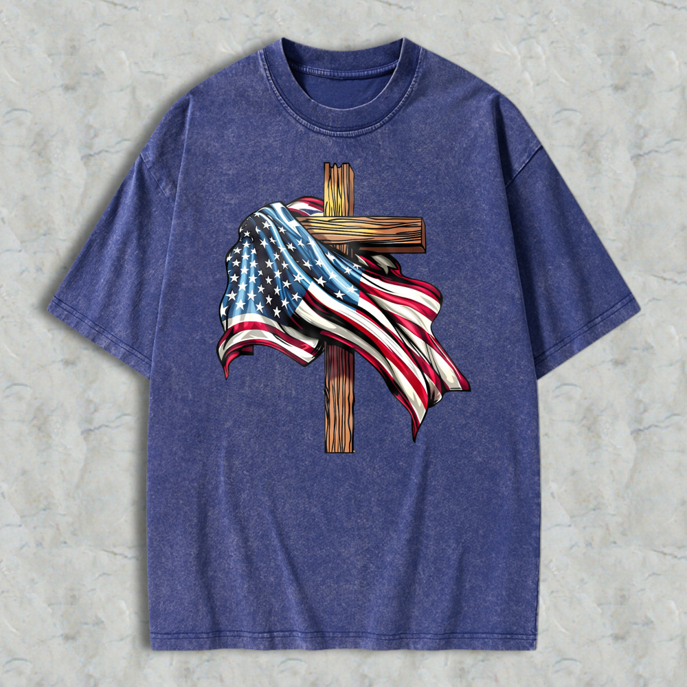 American Flag And Cross Design Washed T-shirt