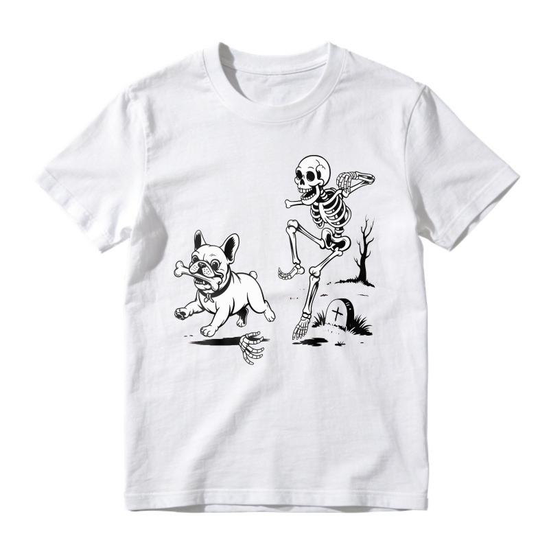 Skeleton Chasing French Bulldog With Bone In Graveyard, Unisex Classic T-shirt