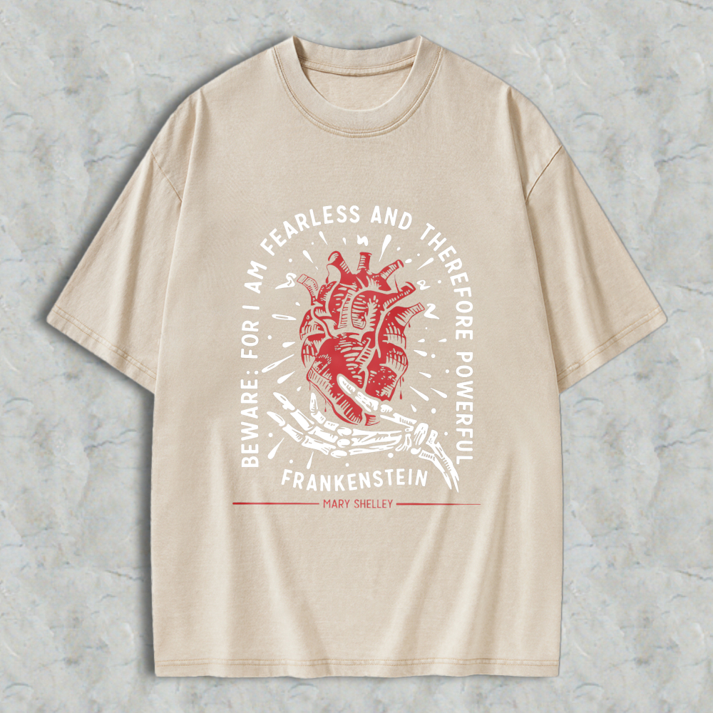 Wardrobecart Frankenstein Heart And Skeleton Hand Design With Quote From Mary Shelley Unisex Washed T-shirt