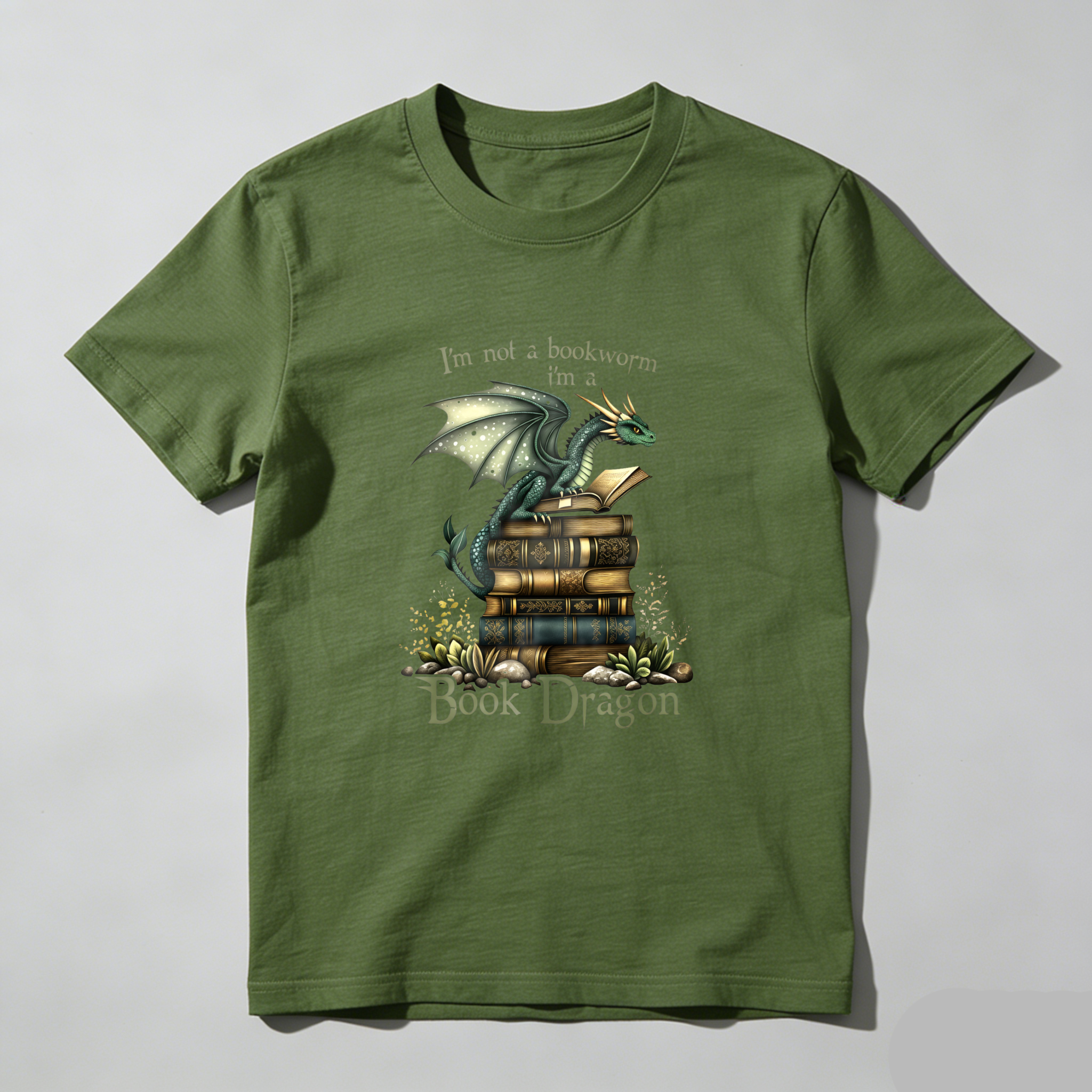 Wardrobecart Dragon Perched On Books With Text Above And Below Tshirt