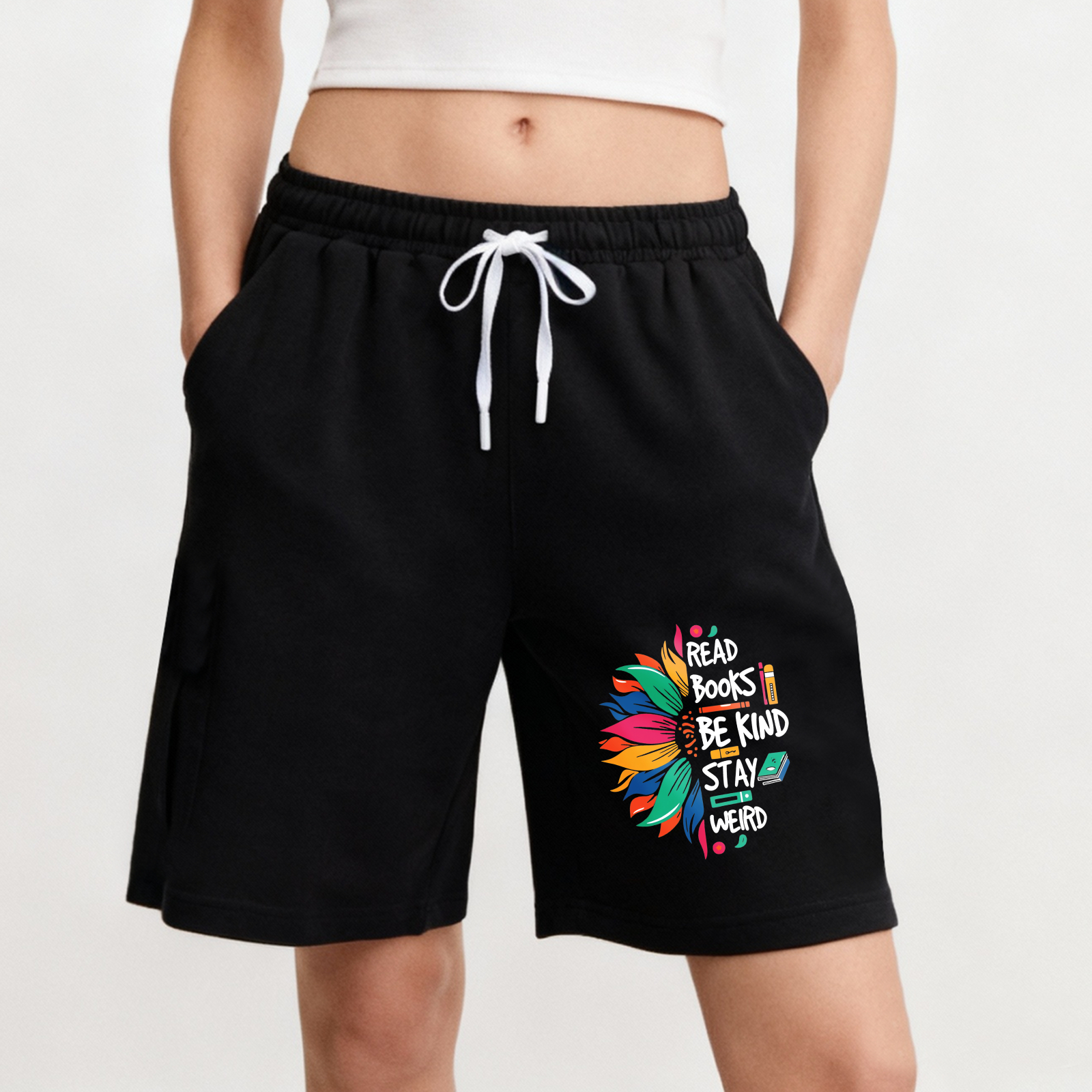 Wardrobecart Read Books Be Kind Stay Weird With Colorful Flower Design Shorts